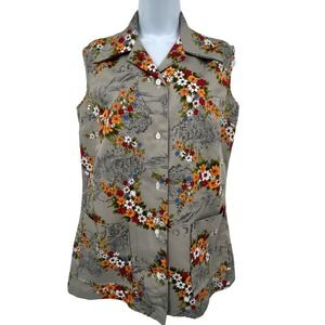 Vintage 70s‎ Dagger Collar Artist Smock Blouse Floral Gray Pockets MCM Darts